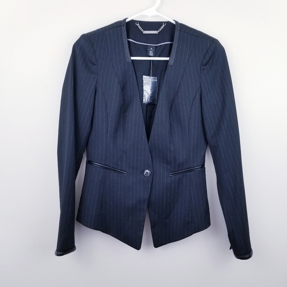 WHBM | Black Wool Blend Chalk Stripe Blazer Jacket - Picture 2 of 8